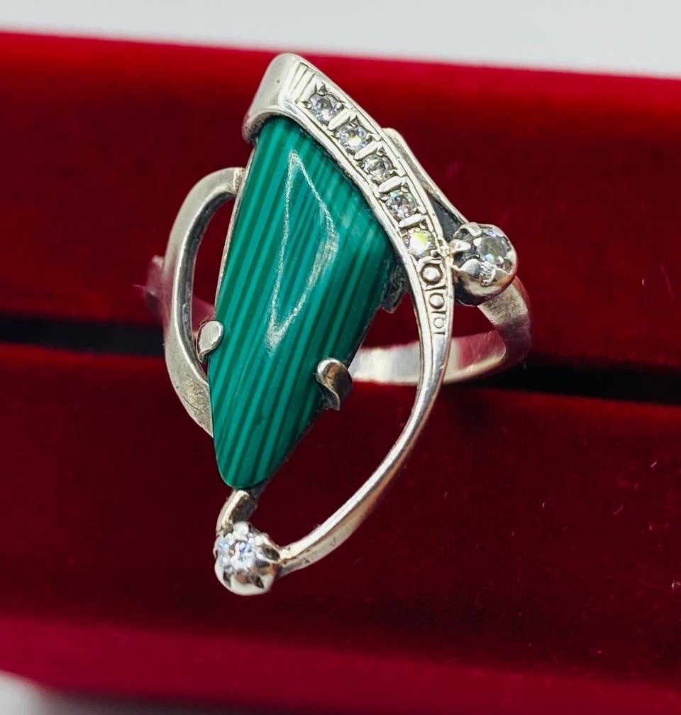 Vintage Solid Silver Ring 925 Malachite - image 1