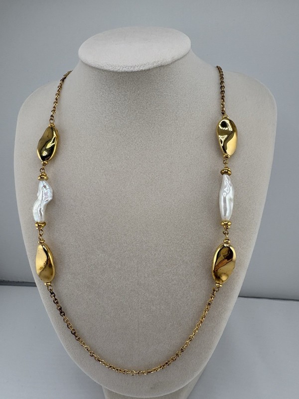 New LR Pearl And Gold Tone Nugget Station Necklace Bronze 34 in