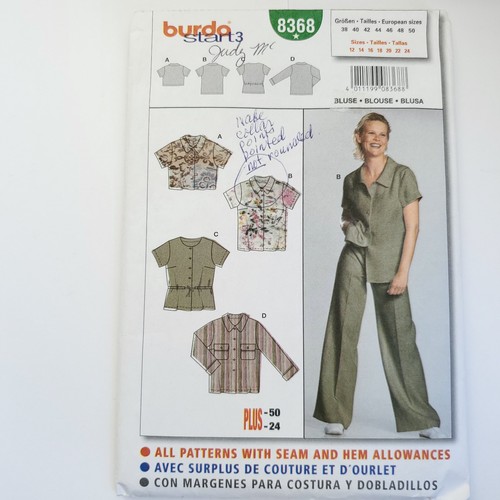 90s Burda Pattern 8368 Womens Button Front Shirt Collar Cropped Cinch Waist - Picture 2 of 3