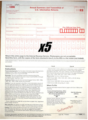5-pack - 2022 Tax Form 1096 Annual Transmittals ONLY (for mailing 1099s to IRS)