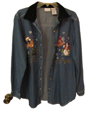 Christmas SHIRT WOMEN blue Bobbie  Brooks  L (12/14)  embroidered jeans denim HQ