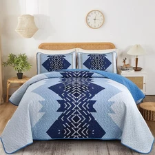 Blue Quilt Set Queen Size,3 Pieces Aztec Texture Bedding Coverlet Set Boho
