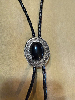 Vintage Men's Western Bolo Tie Black Cord Silvertone Black Slide Adjustable