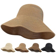 Solid Color Wide Brim Straw Hat Breathable Weave Bucket Hat UV Protection Cap