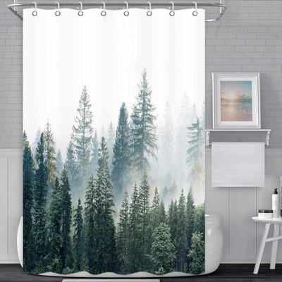 RV Shower Curtain Nature Forest Mountain Camper Shower Curtains for Travel Tr...