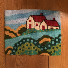 Vintage Farm house Barn and Field scene Latch Hook Rug Wall Hanging 29x23