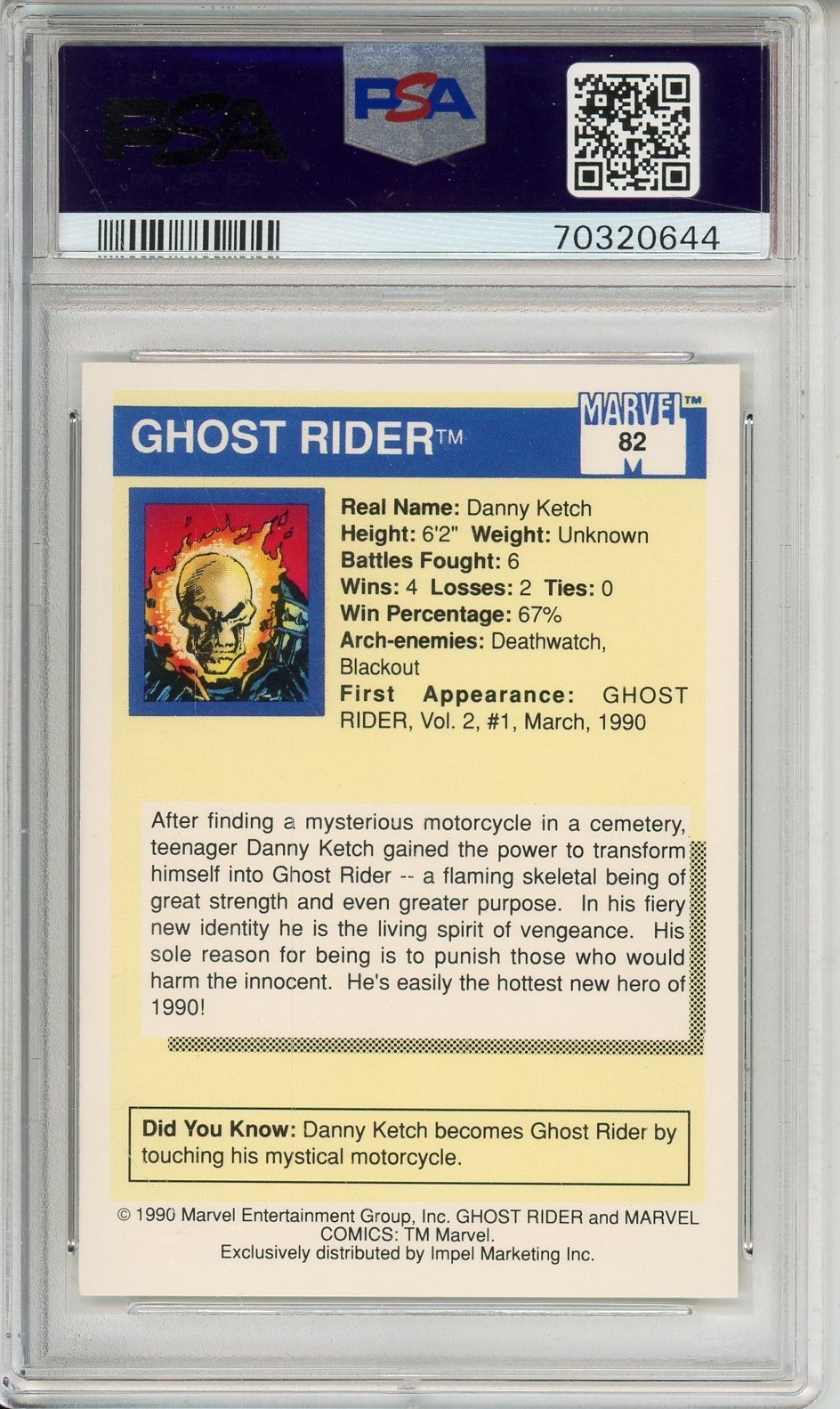 1990 MARVEL UNIVERSE GHOST RIDER #82 ROOKIES PSA 9 view 2