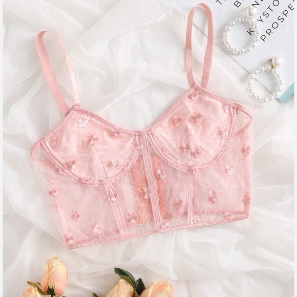 Floral Embroidered Lace Underwire Bralette M Pink Sheer Lingerie Bra Sequin