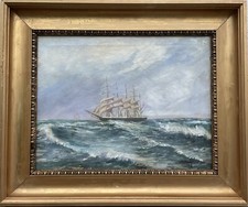 Maritimes Ölbild Seestück Schiffsbild Viermastbark Segelschiff auf dem Meer 1922
