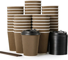 80 Pack 12 Oz Paper Coffee Insulated Ripple Wall Paper Cups with Lid and Straws