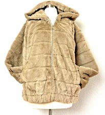 Teddy Jacket Coat Camel Faux Fur Hooded Plush Full Zip Satin Lined Size L/XL