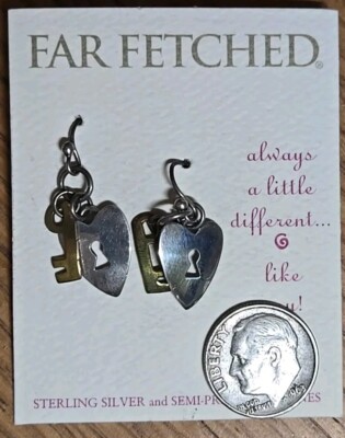 Far Fetched Heart & Key Earrings Sterling Silver 925 / Mixed M. Dangling EW-342