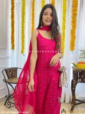 Pink Viscose Chikankari Strappy Kurta Set with Dupatta Lucknow Chikankari Set