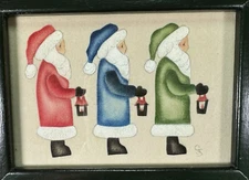 Christmas PAINTING ON VELVET Theorem Primitive 3 SANTA w/ LANTERN Framed Signed