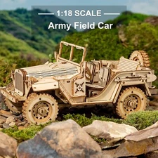 ROKR 1:18 3D Wooden Puzzle Army Jeep Car Mechanical Kits Teens Kids Xmas Gift