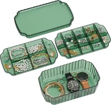 LETURE 3-Layer Jewelry Organizer Box for Earrings, Rings, Necklaces, Green 