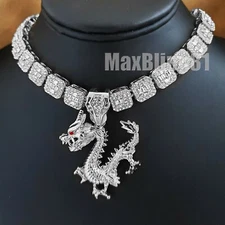 Hip Hop Silver Dragon Pendant & 16" 18" 20" Iced Baguette Choker Chain Necklace