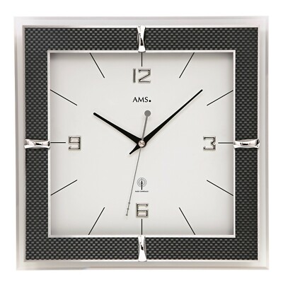 AMS 5855 Wanduhr Funk Funkuhr analog Aluminium Carbon-Applikation Glas 