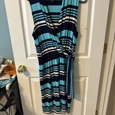 Ann Taylor Striped Faux Wrap Side Tie Dress Size Large Navy Blue/Aqua/White