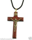 Mens Cherry Wood Cross Necklace Crucifix Pendant Rope Jewelry, Catholic Favor