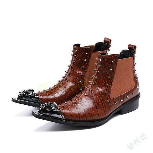 Stivali uomo invernali moda metallo testa a punta rivetto chukka casual pelle - Foto 9 di 12