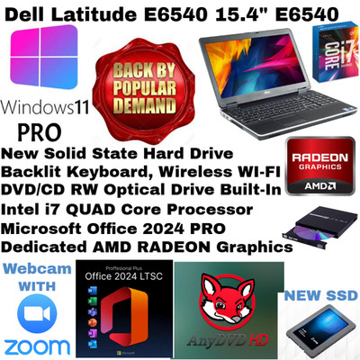 Dell  E6540_WIN11 New 2TB SSD i7 QUAD/AMD BACKLIT_DVD/CD/CAM Office 2024 PRO