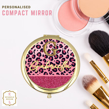 Personalised Compact Mirror Leopard Pink Handbag Pocket Birthday Christmas Gift