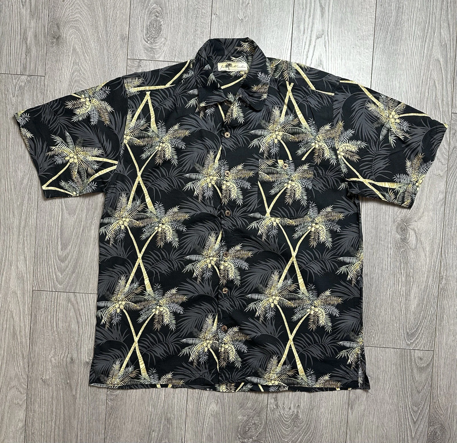 Vintage Joe Marlin Hawaiian Shirt XL Black Tropical Palm Tree Aloha Beach Resort