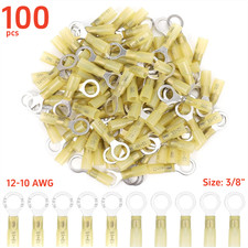 100Pcs Heat Shrink Ring Terminal wire Connector Yellow 12-10 AWG Gauge 3/8" Hole