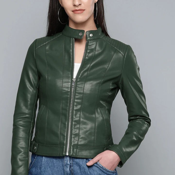 Forest Green Color Women's Black Biker Genuine Soft Lambskin Leather Jacket New
