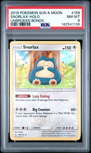 2019 POKEMON SUN & MOON UNBROKEN BONDS #158 SNORLAX-HOLO PSA 8