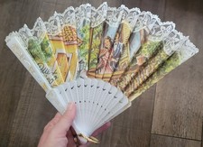 Spanish Folding Hand Fan Lace/Fabric/Plastic Fan Lovely Made In Spain Love Scene