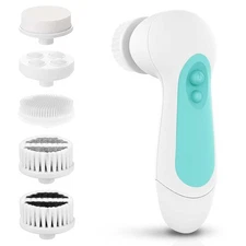 Waterproof Facial Cleansing Spin Brush Set with 5 Exfoliating Cyan 