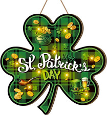 St Patricks Day Door Sign Lighted Wooden Shamrock Hanging Sign LED Buffalo Plaid
