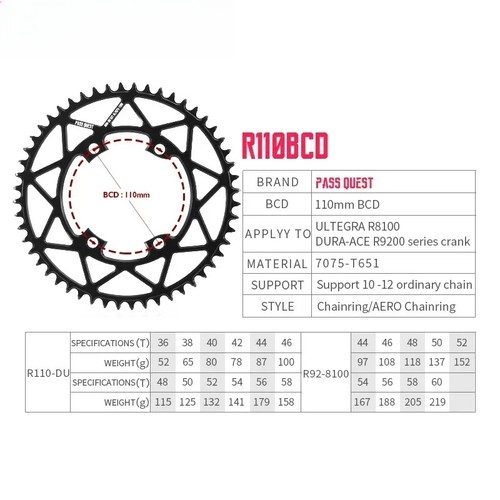 110mm BCD Chainweel 46T-58T Chainring R110-DU Fixed/Hollowed R92-810 Aero Style - Picture 3 of 46