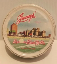 ATLANTIC CITY NJ JAMES  SALT WATER TAFFY CO MELLO MINT ROLLS VINTAGE CANDY TIN  