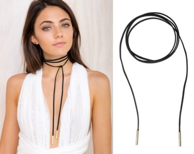 Sexy Black Faux Suede Cord String Wrap Bolo Tie Lariat Choker