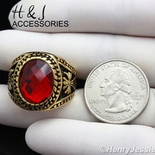 MEN Stainless Steel Gold Black Plated Oval Simulated Ruby Vintage Ring*AR88