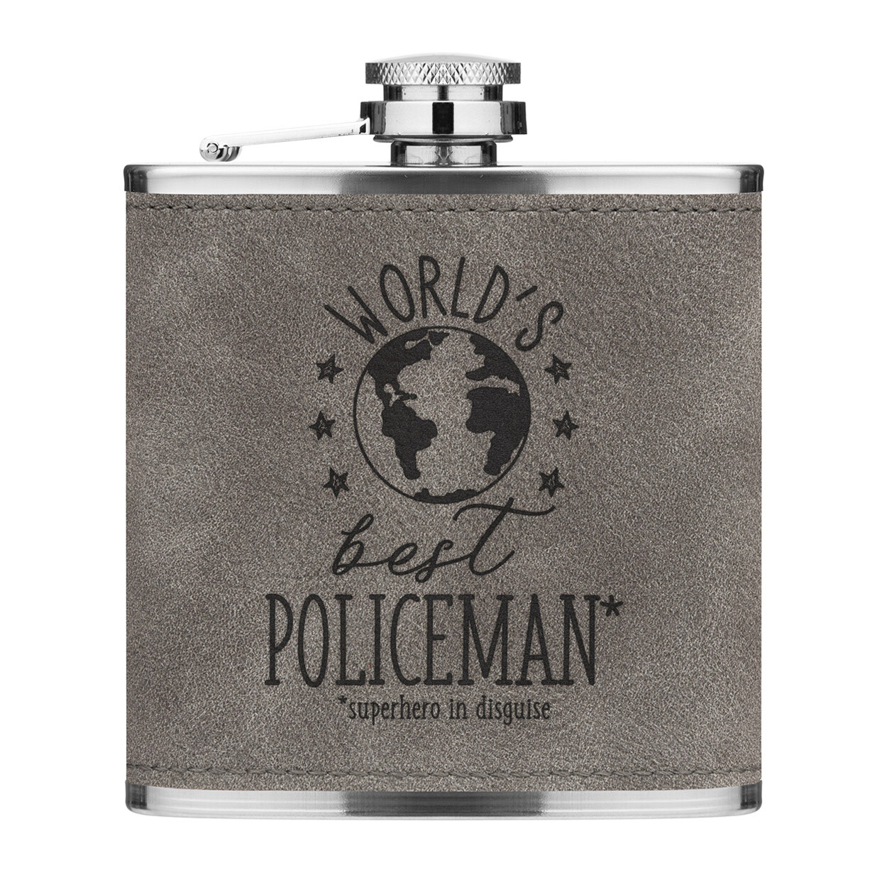 World's Best Policeman 6oz PU Leather Hip Flask Grey Funny Joke Favourite Police