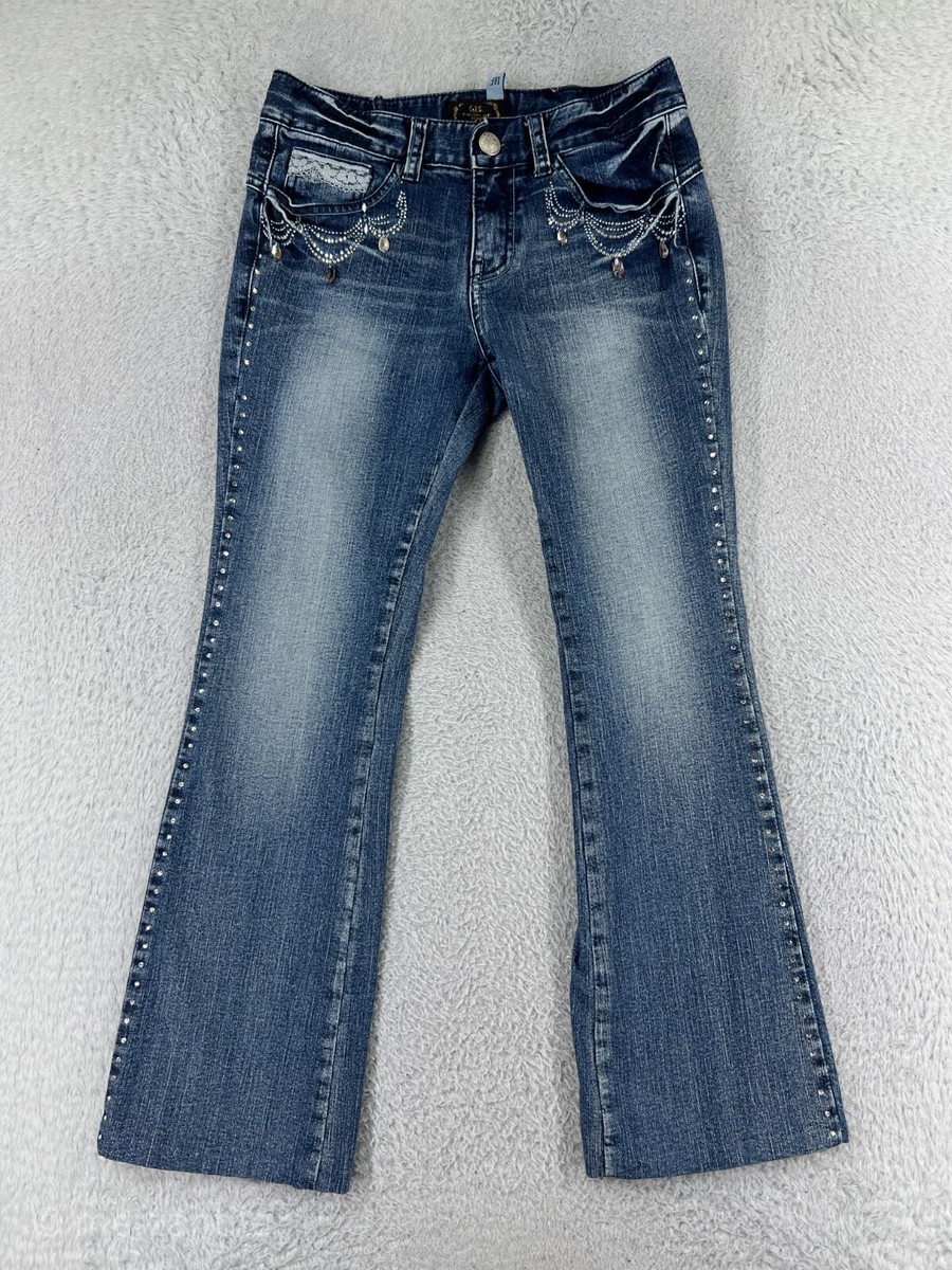 6th Avenue Pants Women Medium Blue Denim Jeans Bootcut Embellished Bling  Lace