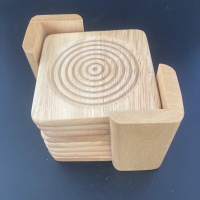 Wooden Coaster 7 drink Coasters Light Oak Finish Vintage w/ caddy beverage