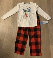  NWT Cat  Jack Boy Size 4/5 Buffalo Plaid Pajama Set With Reindeer On Front