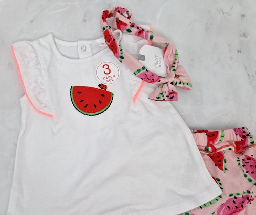 SIGUIENTE Conjunto de 3 piezas de top blanco y pantalones cortos de sandía para bebés niñas de manga corta 3 meses - Imagen 3 de 6