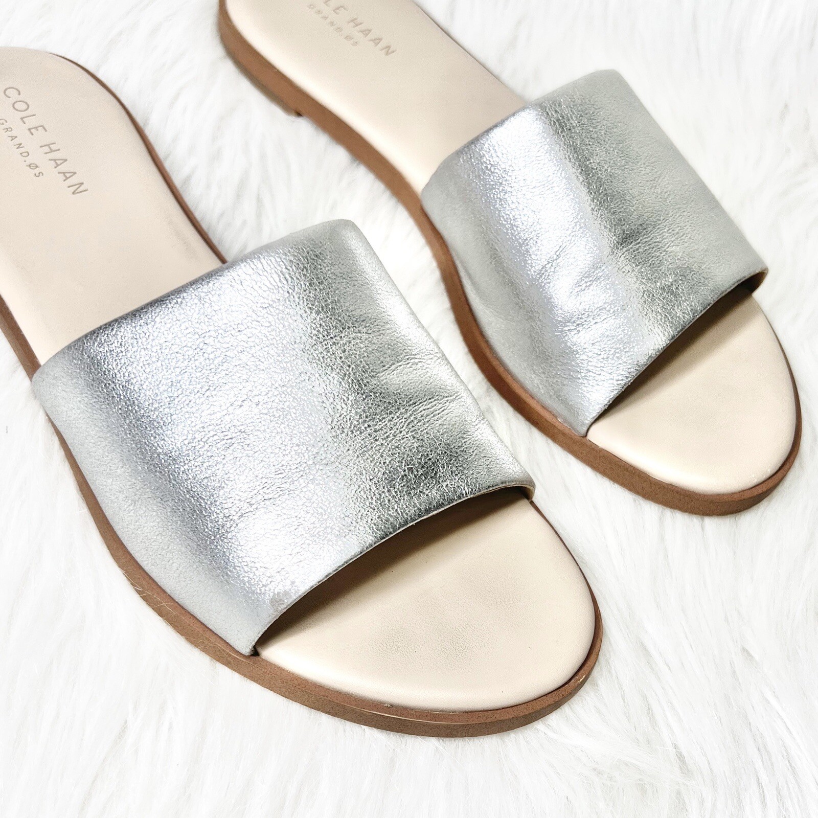 Cole Haan Metallic Silver Leather Slip On Slide Sandals 7.5 | eBay