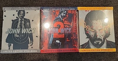 JOHN WICK Trilogy Chapter 1 2 3 Parabellum Blu-ray Digital STEELBOOKS + 6 COINS