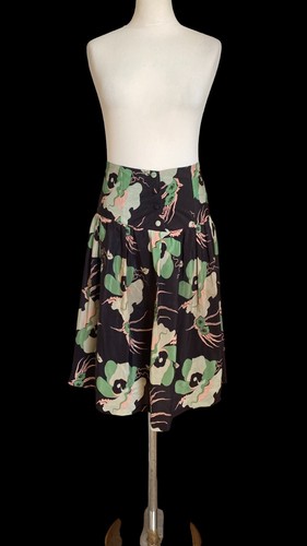 Reiss Vintage Skirt Black Green Floral 100% Silk Knee Length Retro Print Size 8 - Picture 2 of 13