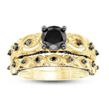 1-3/8 CT Enhanced Black Diamond Vintage-Style Bridal Set in 10K Yellow Gold
