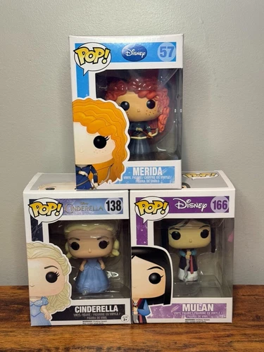 3 Disney Princess Funko Pop! Vinyl Figures Merida 57, Cinderella 138, Mulan 166