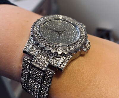 NEU Strass Uhr GLITZERND   Unisex rund Glitzer Zifferblatt Stein Link (req Bat) ICE