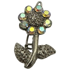 Vintage 1950s Aurora Borealis Rhinestone Flower Hair Barrette Silver Tone Floral